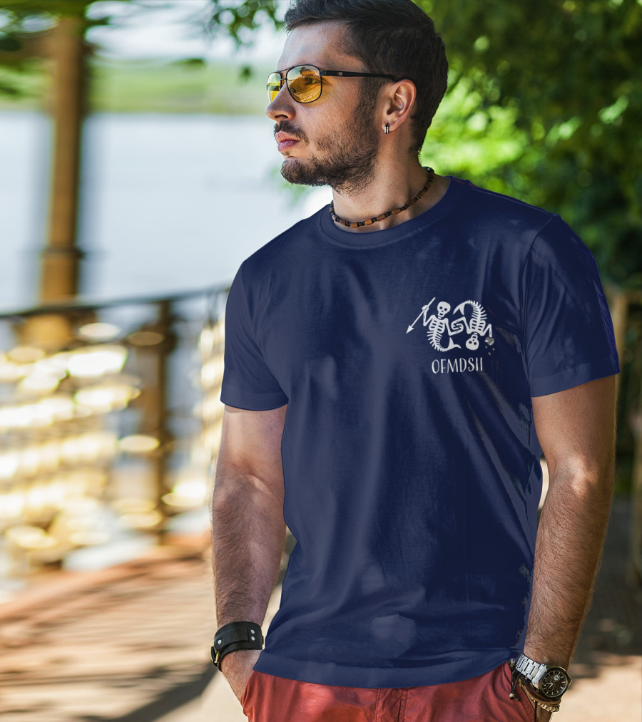 Samba Schutte Wearing OFMDSII Skeleton Arrow Design Navy T-Shirt