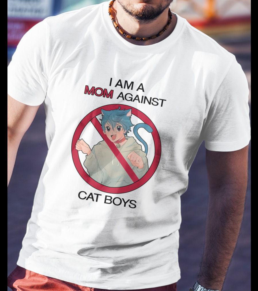 I Am A Mom Against Cat Boys Prohibition Symbol Cartoon Character With Blue Hair And Cat Ears T-Shirt