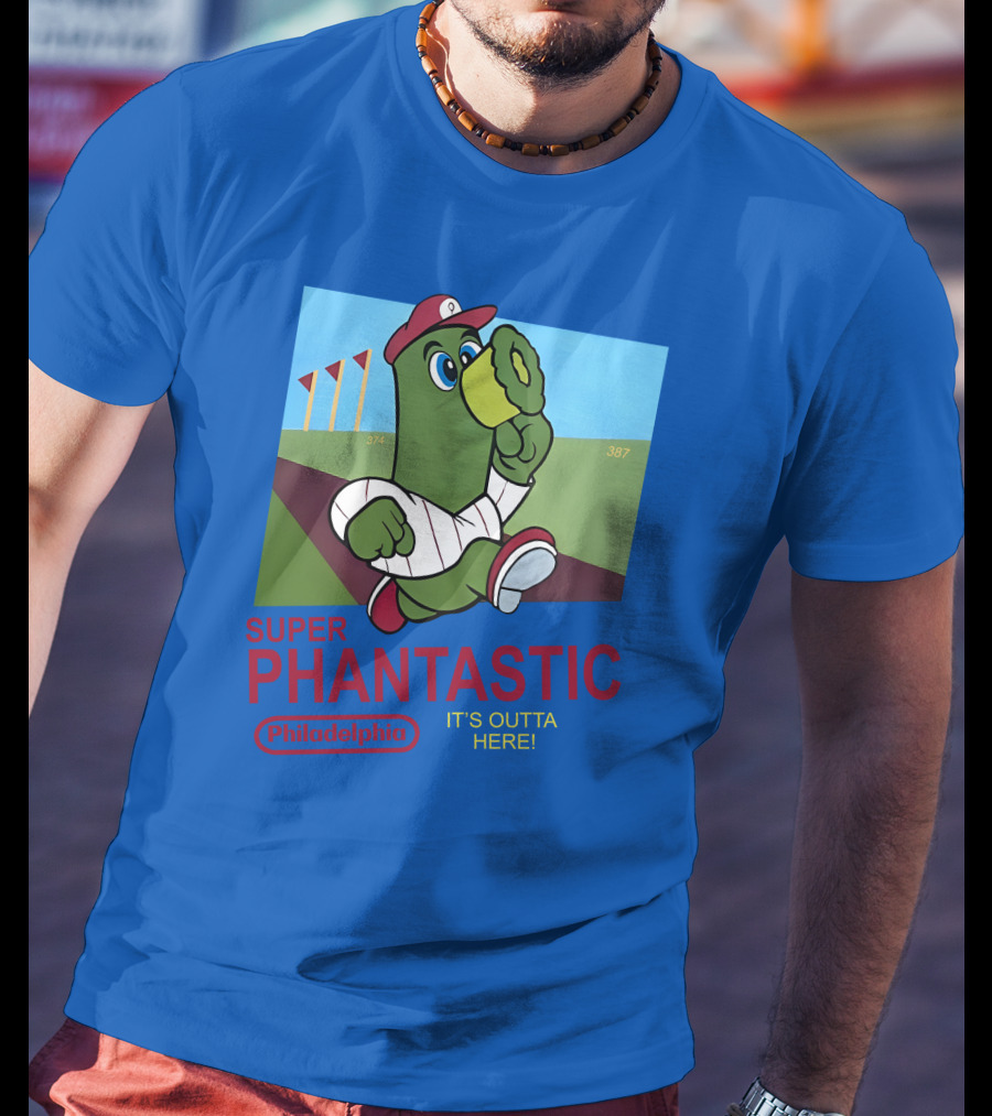 Southfellini Merch Super Phantastic Philadelphia It's Outta Here Baseball Character T-Shirt