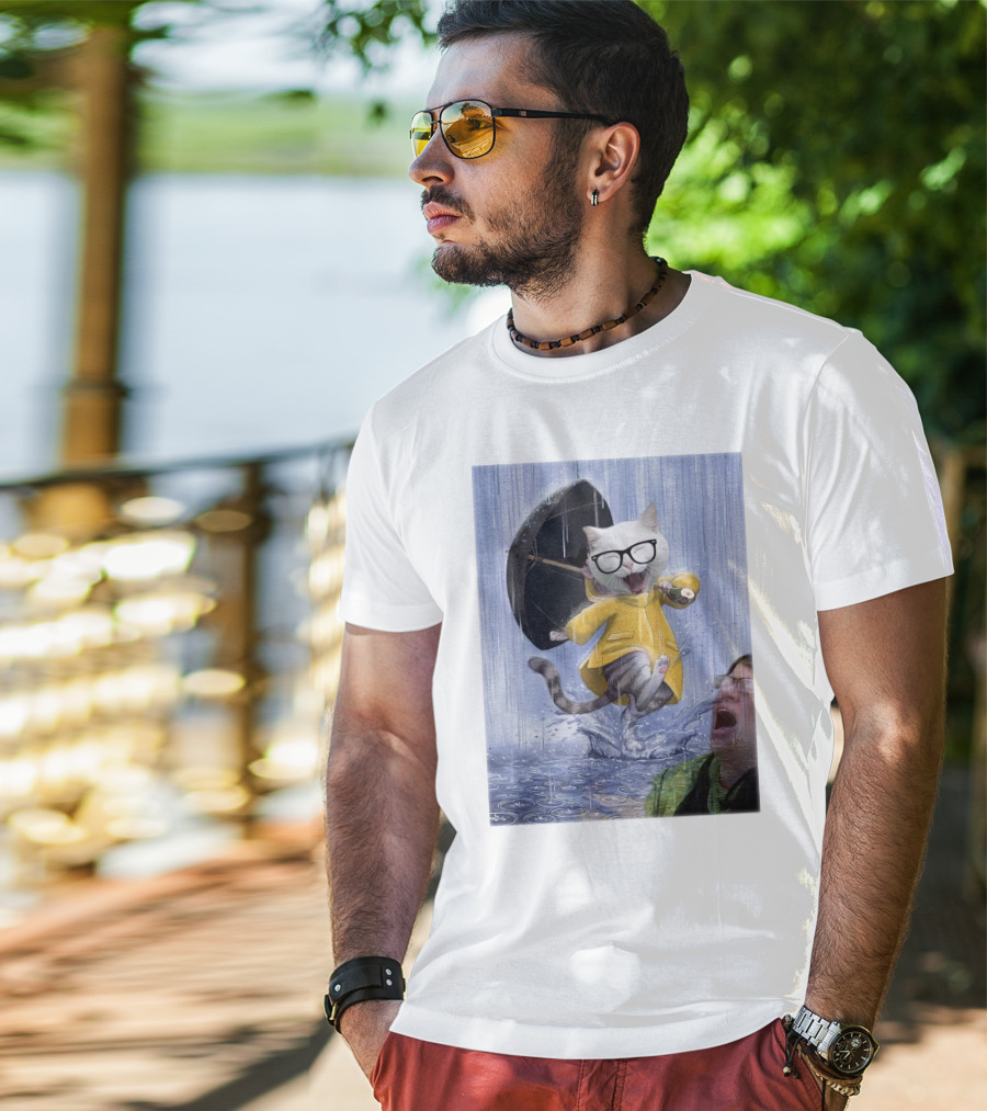 Catturd In Yellow Raincoat With Glasses Holding Umbrella In The Rain T-Shirt