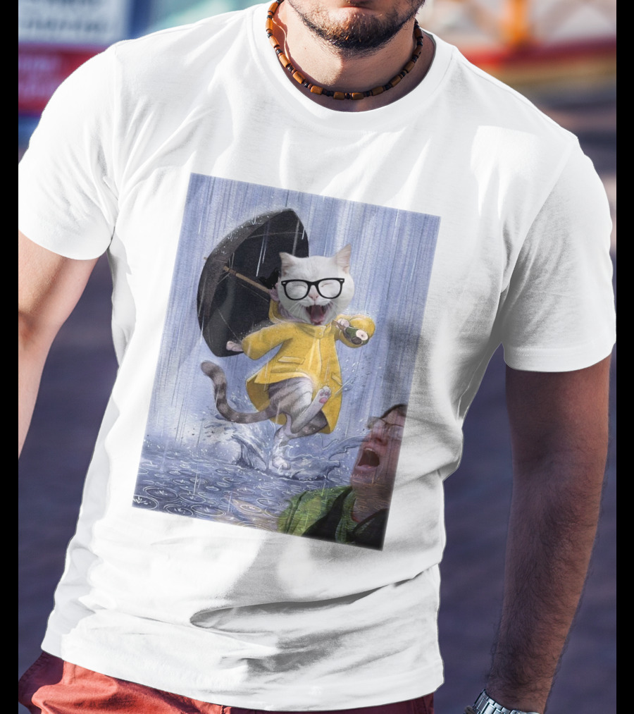 Catturd In Yellow Raincoat With Glasses Holding Umbrella In The Rain T-Shirt