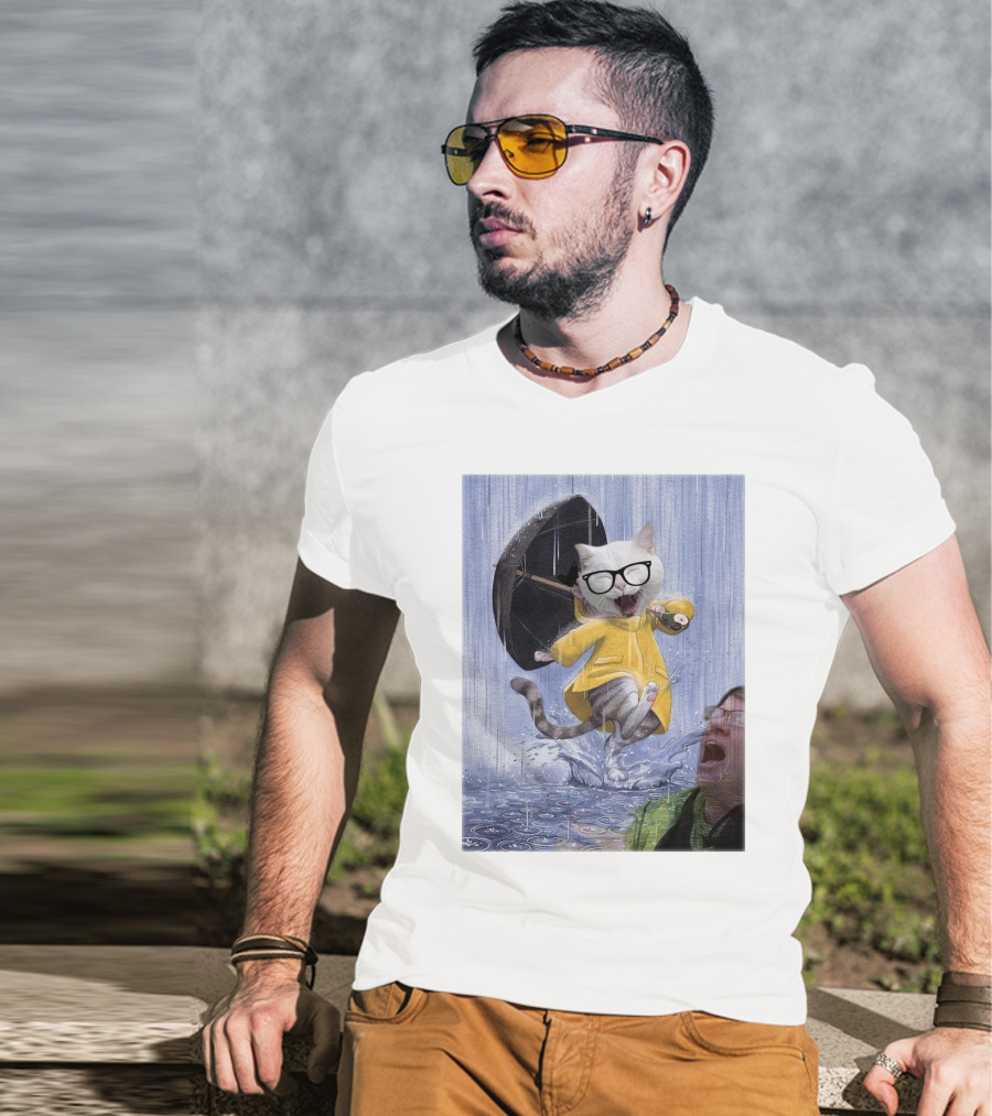 Catturd In Yellow Raincoat With Glasses Holding Umbrella In The Rain T-Shirt