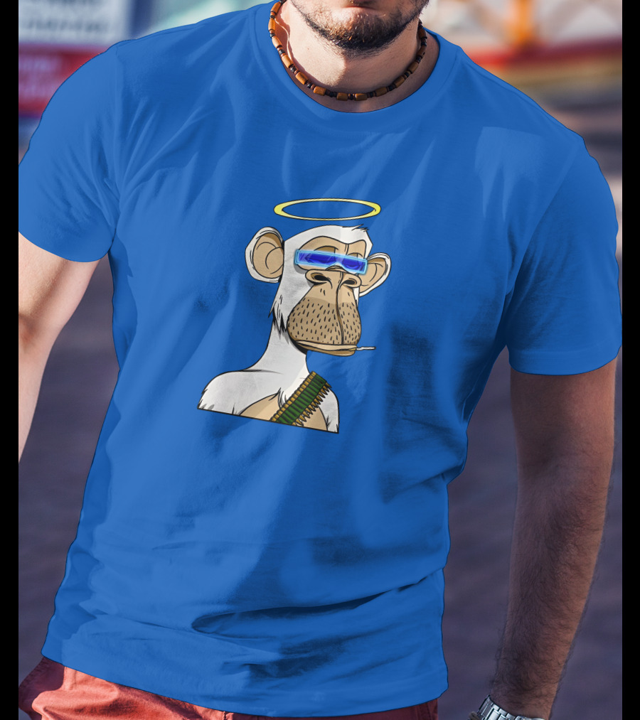 Ginotheghost Bored Ape Yacht Club Angel Halo NFT Ape Blue Background T-Shirt