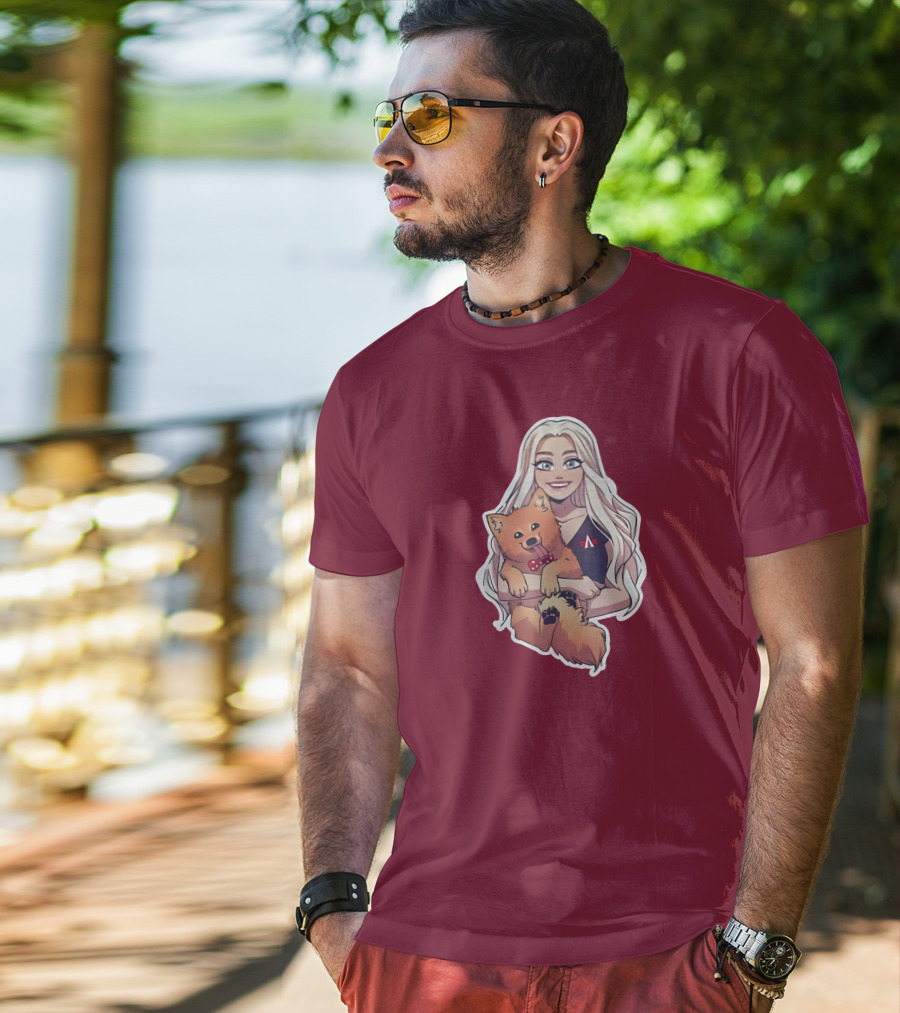 Autumnrhodess Cartoon Character Holding Dog With Red Bowtie On Burgundy Background T-Shirt