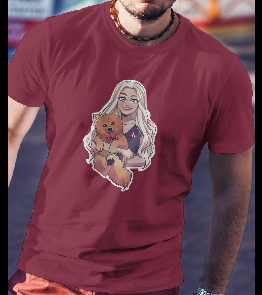 Autumnrhodess Cartoon Character Holding Dog With Red Bowtie On Burgundy Background T-Shirt
