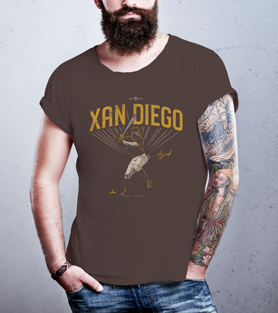Roto Wear Xan Diego Baseball Player Swinging With Signature T-Shirt