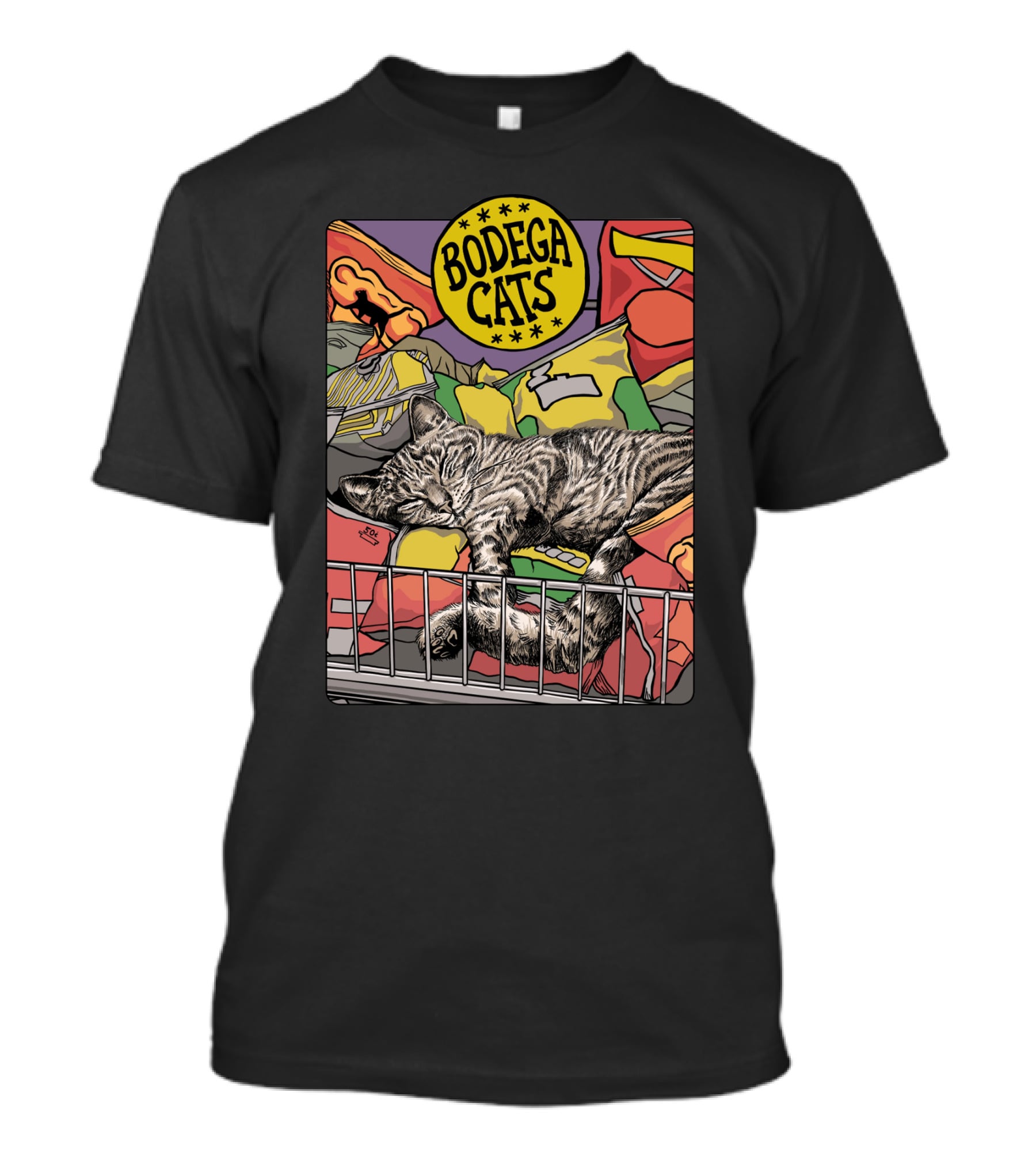 Bodega Cats Sleeping Among Snacks And Bags In Bright Colors T-Shirt