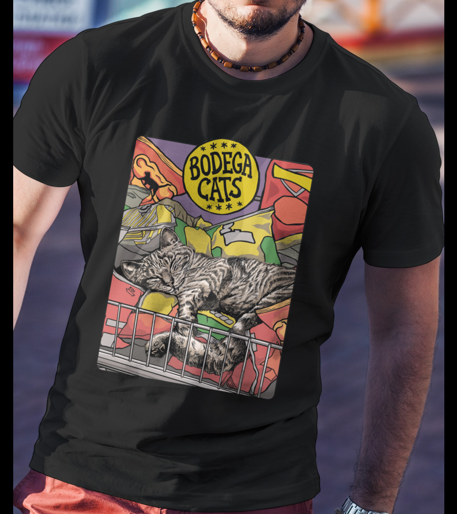 Bodega Cats Sleeping Among Snacks And Bags In Bright Colors T-Shirt