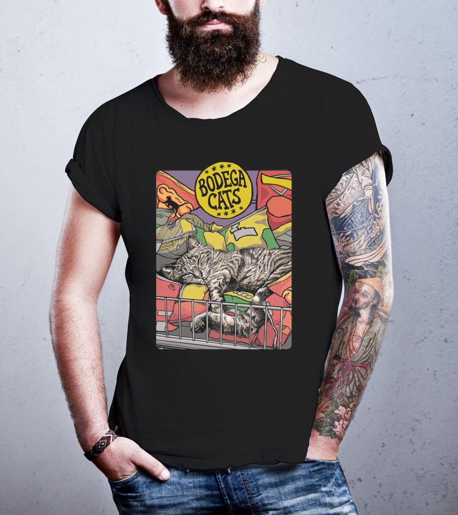 Bodega Cats Sleeping Among Snacks And Bags In Bright Colors T-Shirt