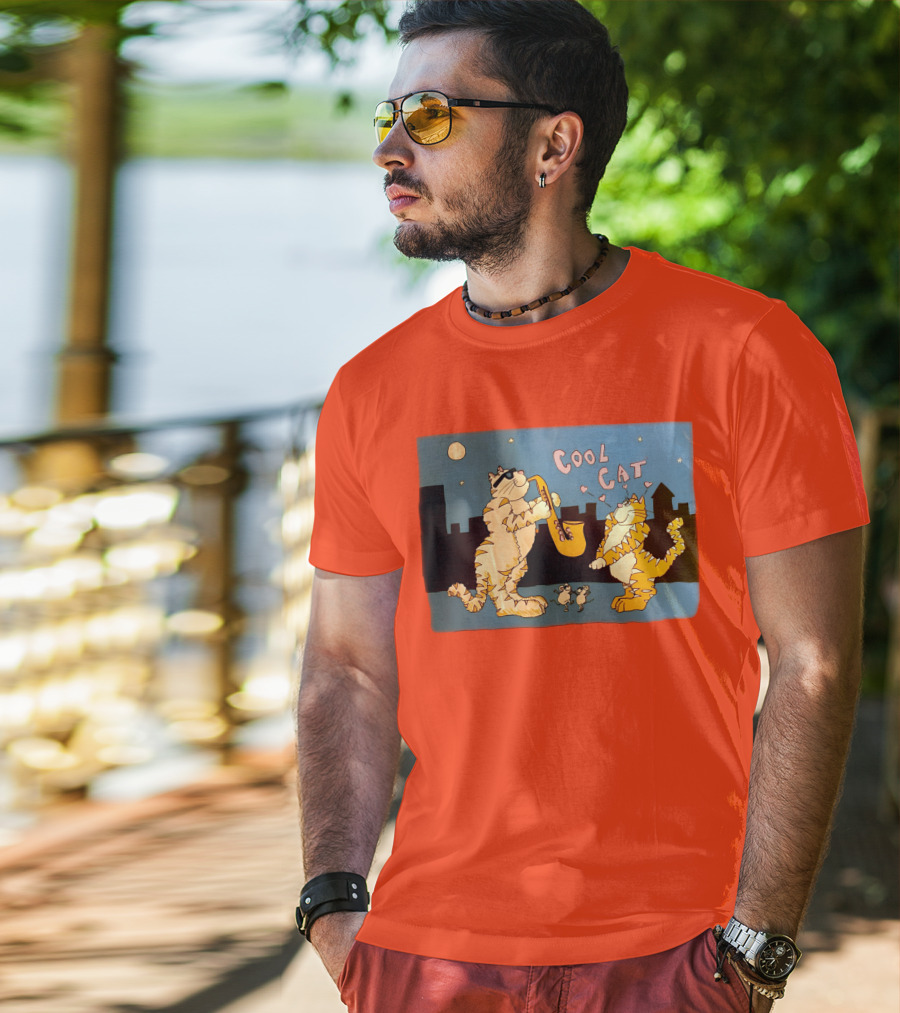 Harry Wearing Cool Cat Playing Saxophone In City Night Sky T-Shirt