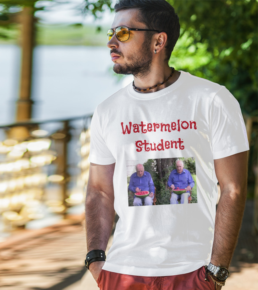 Watermelon Student Eating In Garden With Blue T-Shirt