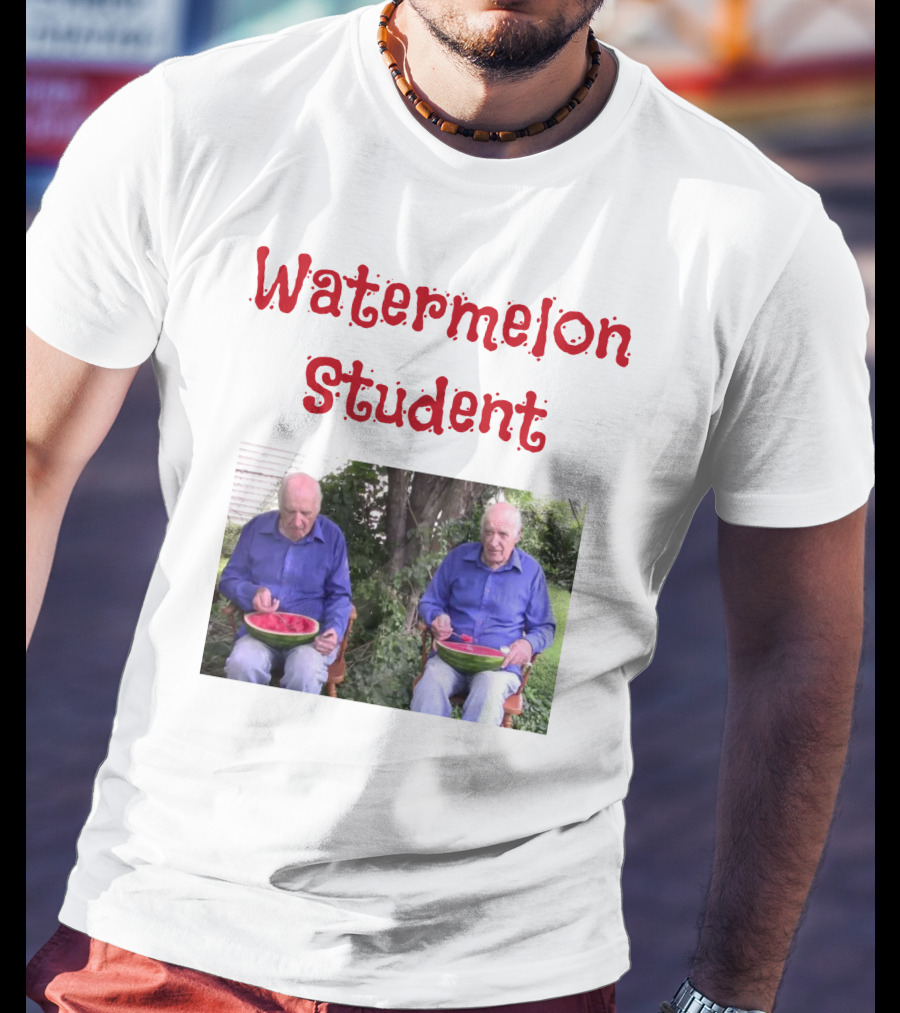 Watermelon Student Eating In Garden With Blue T-Shirt