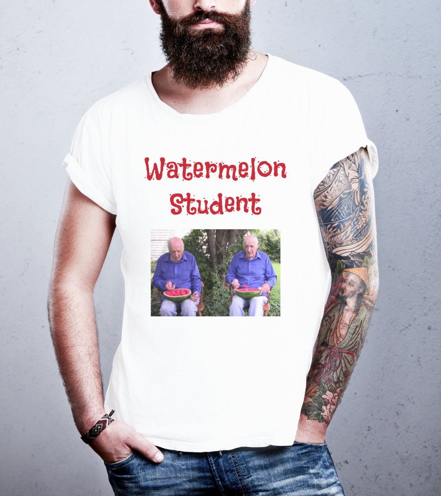 Watermelon Student Eating In Garden With Blue T-Shirt