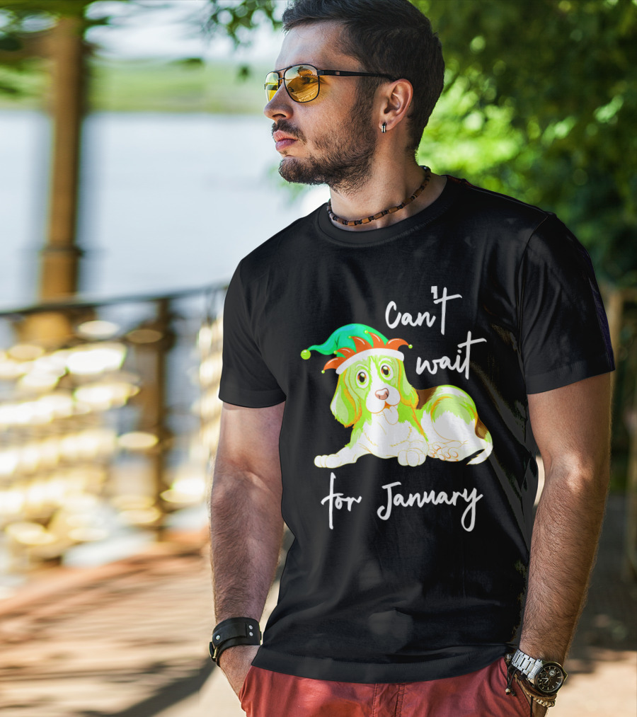 Can't Wait For January Festive Dog With Green And Red Hat T-Shirt