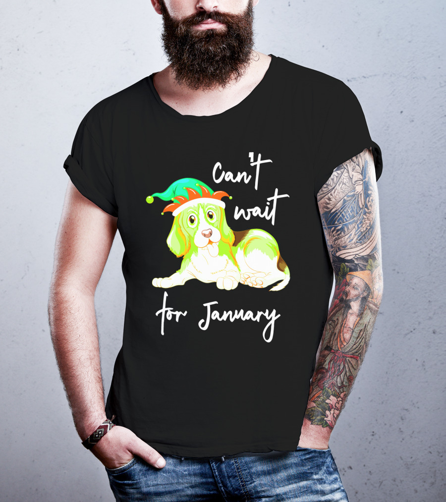 Can't Wait For January Festive Dog With Green And Red Hat T-Shirt