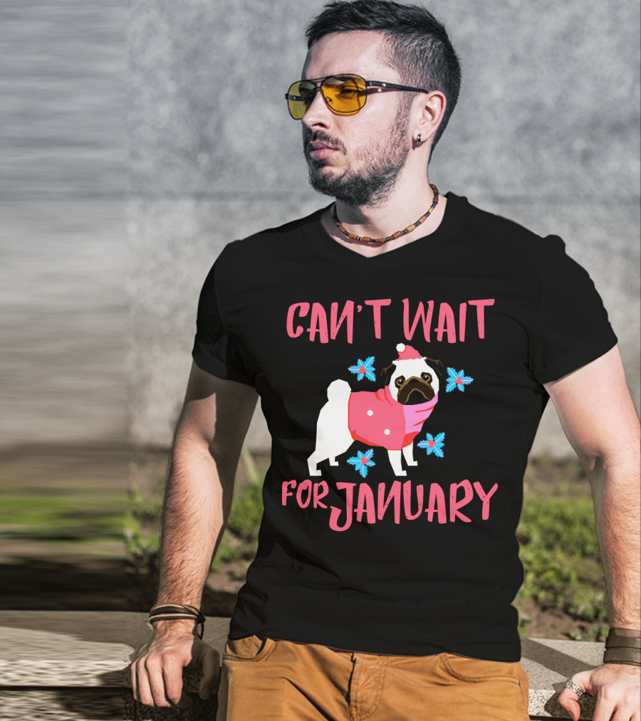 Can't Wait For January Pug IN Santa Hat And Pink Scarf With Snowflakes T-Shirt