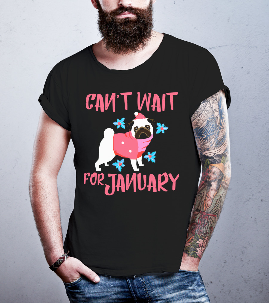 Can't Wait For January Pug IN Santa Hat And Pink Scarf With Snowflakes T-Shirt
