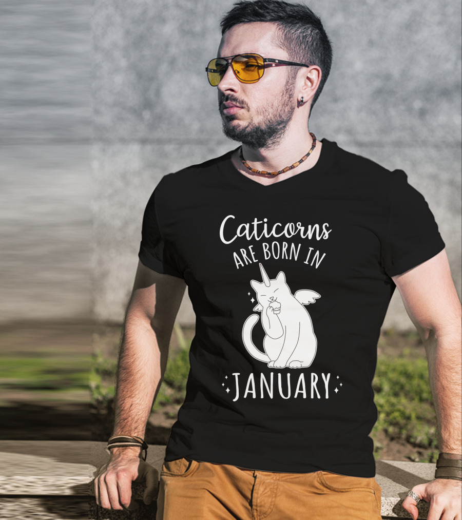 Caticorns Are Born In January Cat Unicorn Birthday January T-Shirt