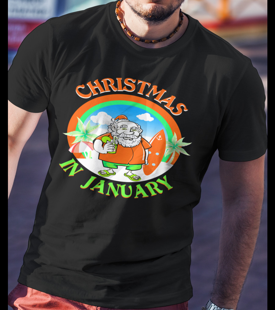 Christmas In January Santa With Surfboard And Drink T-Shirt