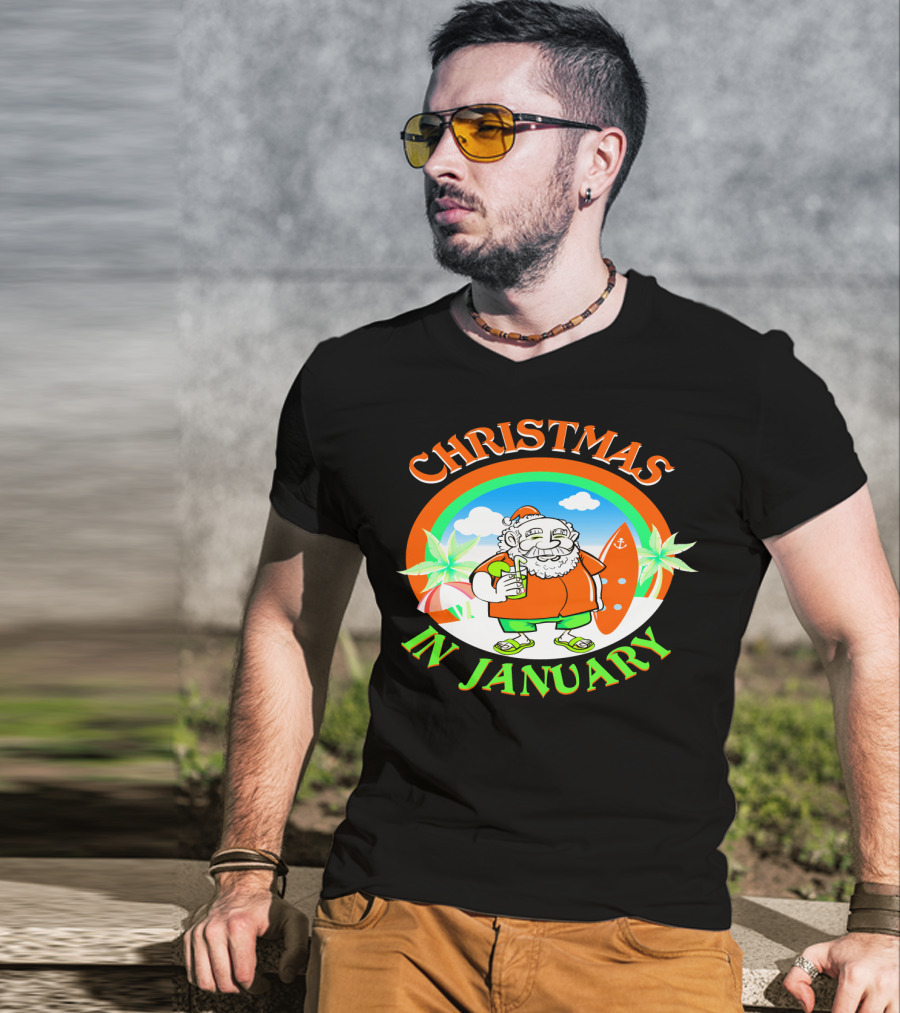 Christmas In January Santa With Surfboard And Drink T-Shirt