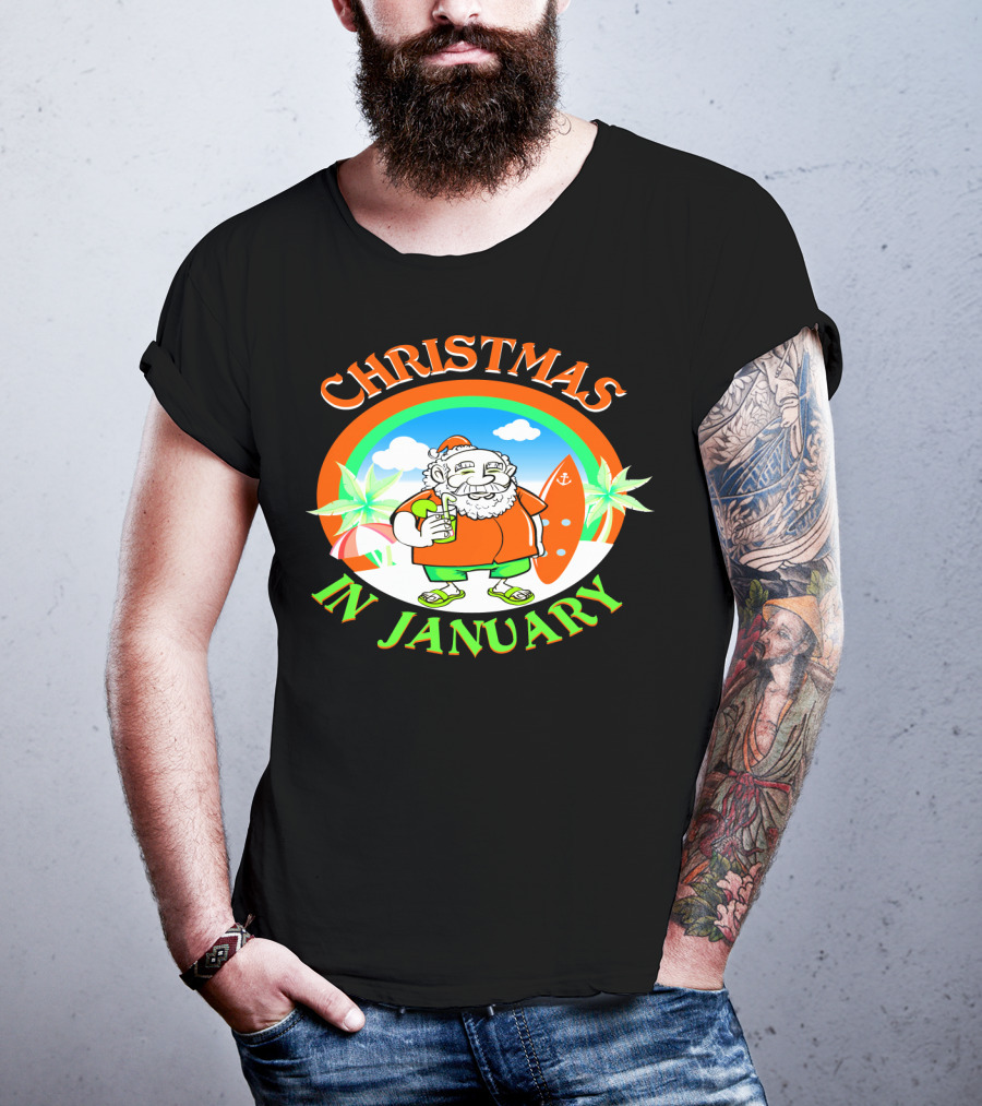 Christmas In January Santa With Surfboard And Drink T-Shirt