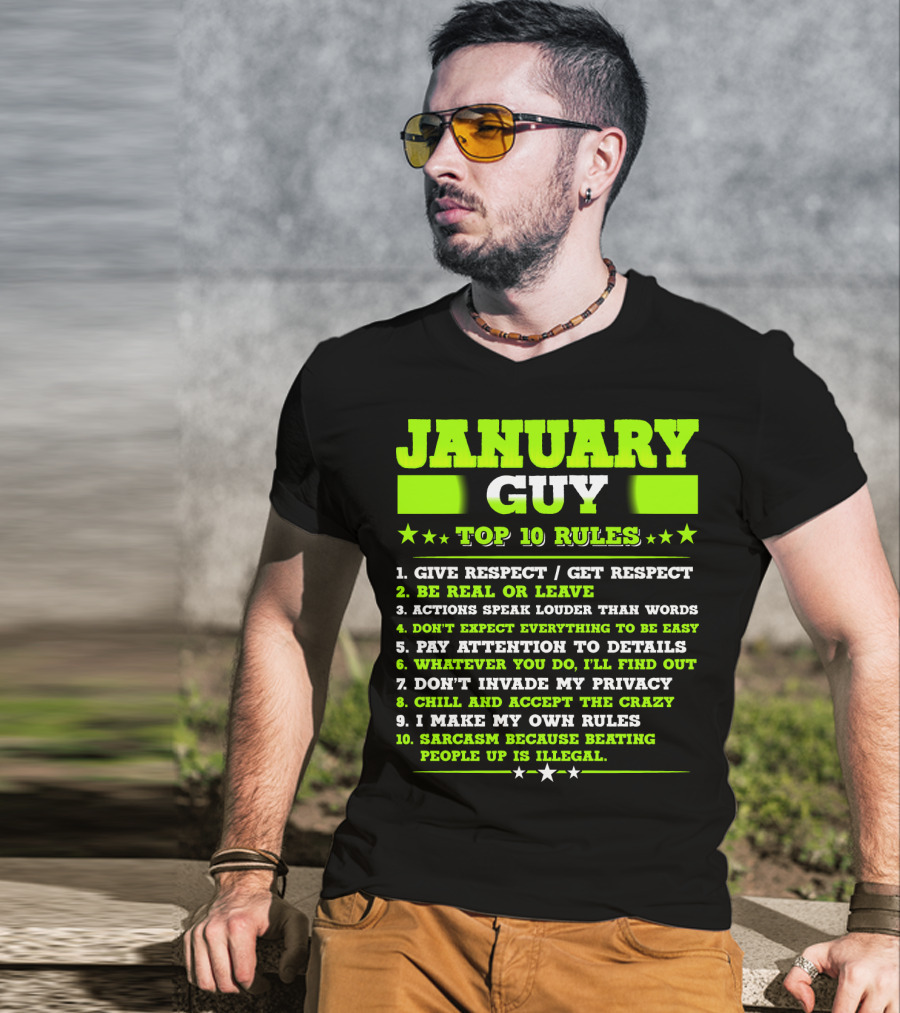 Cool January Guy Top 10 Rules Birthday T-Shirt