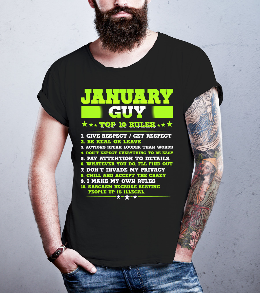 Cool January Guy Top 10 Rules Birthday T-Shirt