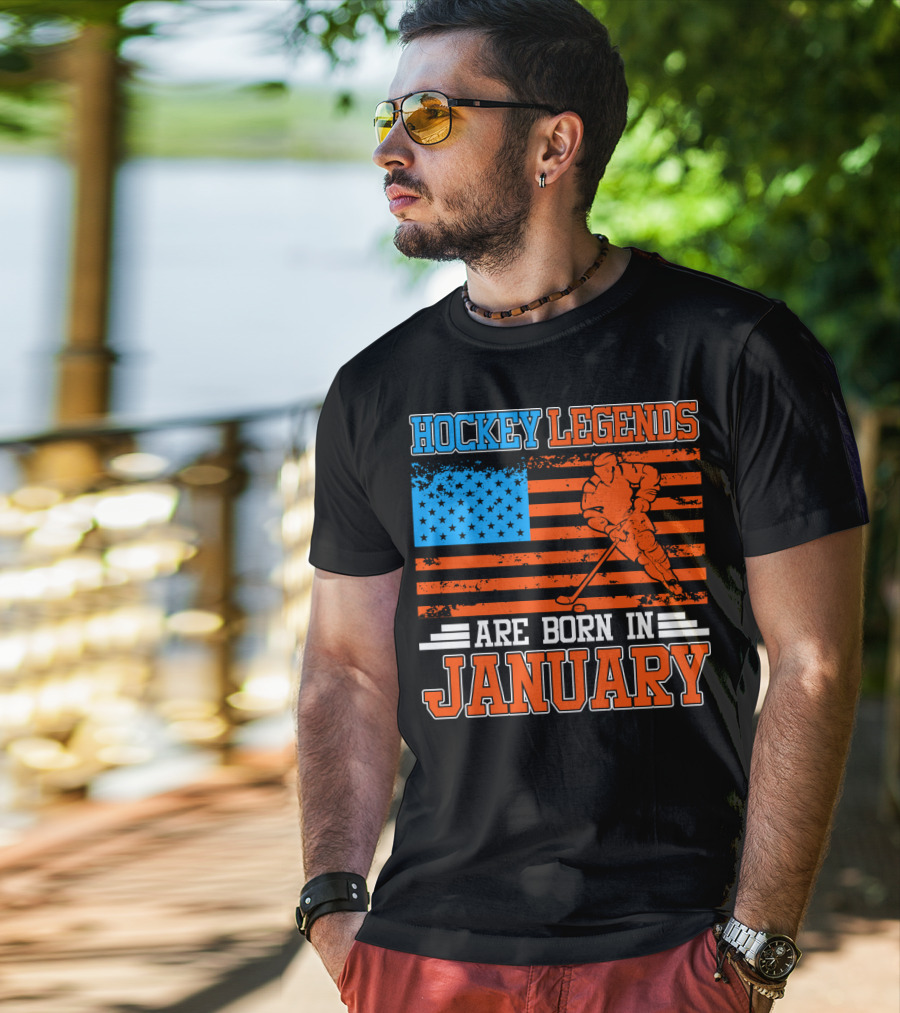 Hockey Legends Are Born In January With American Flag And Skater T-Shirt