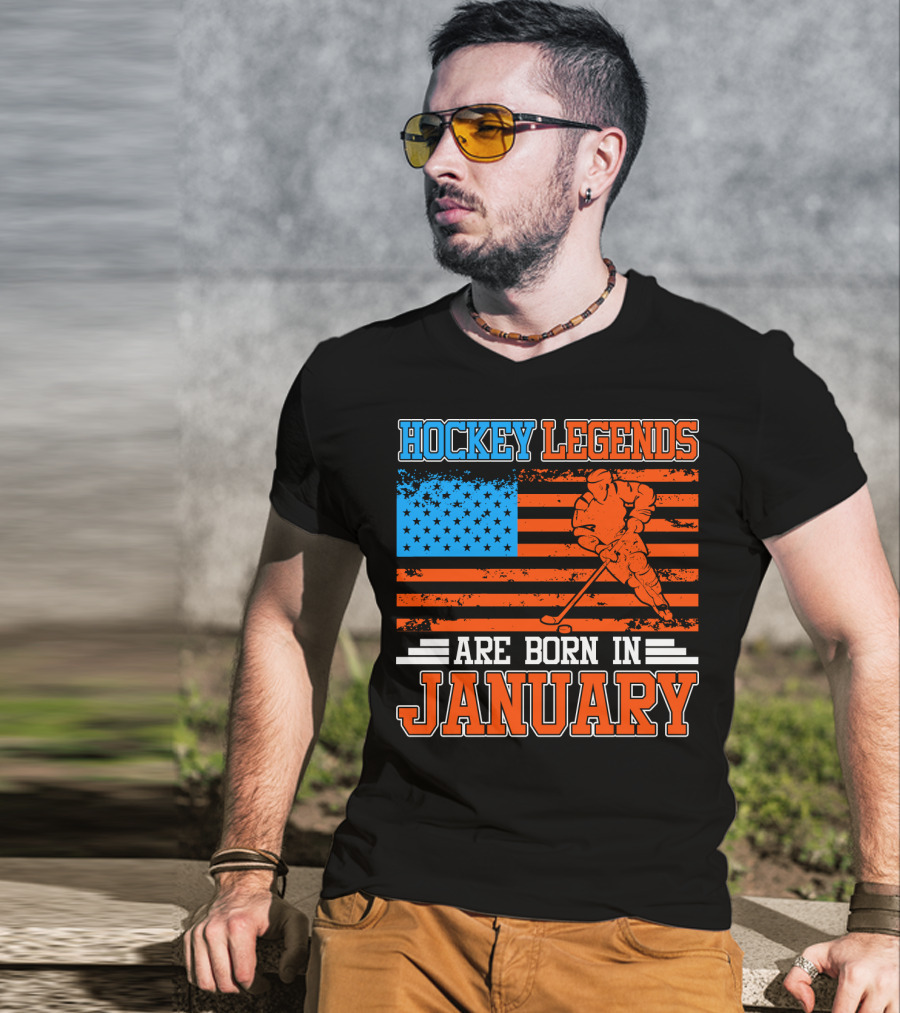 Hockey Legends Are Born In January With American Flag And Skater T-Shirt
