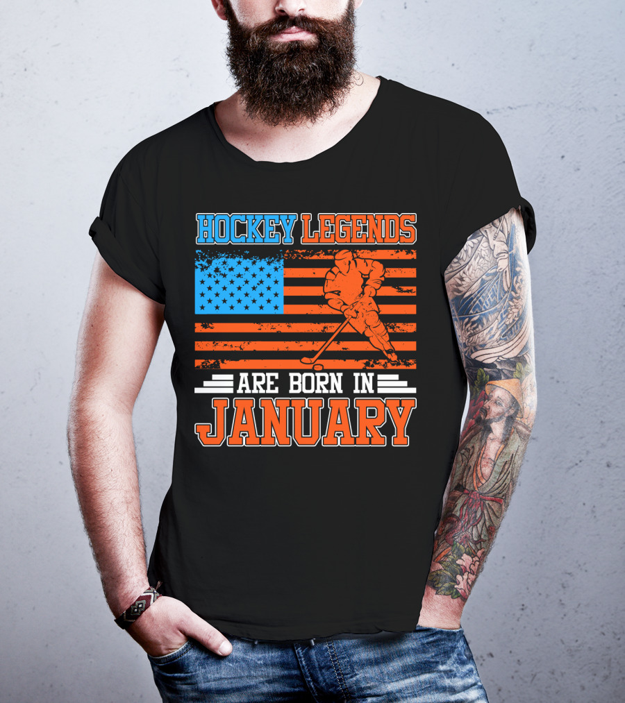 Hockey Legends Are Born In January With American Flag And Skater T-Shirt