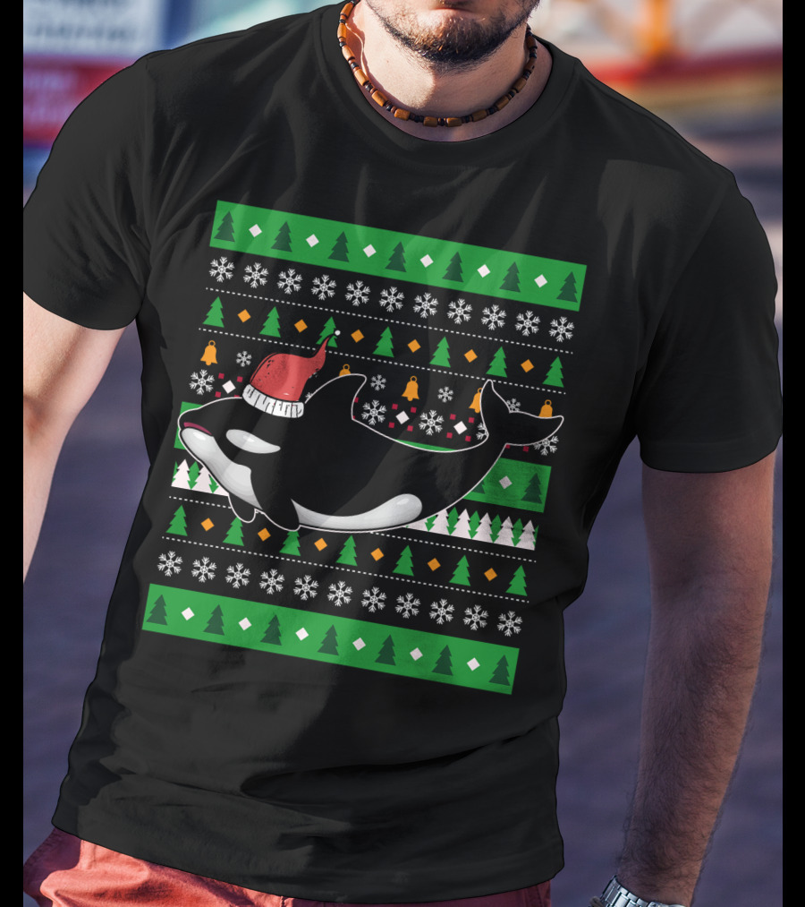 Orca Zookeeper Ugly Christmas Killer Whale Santa Hat Snowflakes Trees T-Shirt