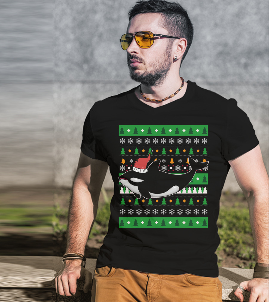 Orca Zookeeper Ugly Christmas Killer Whale Santa Hat Snowflakes Trees T-Shirt