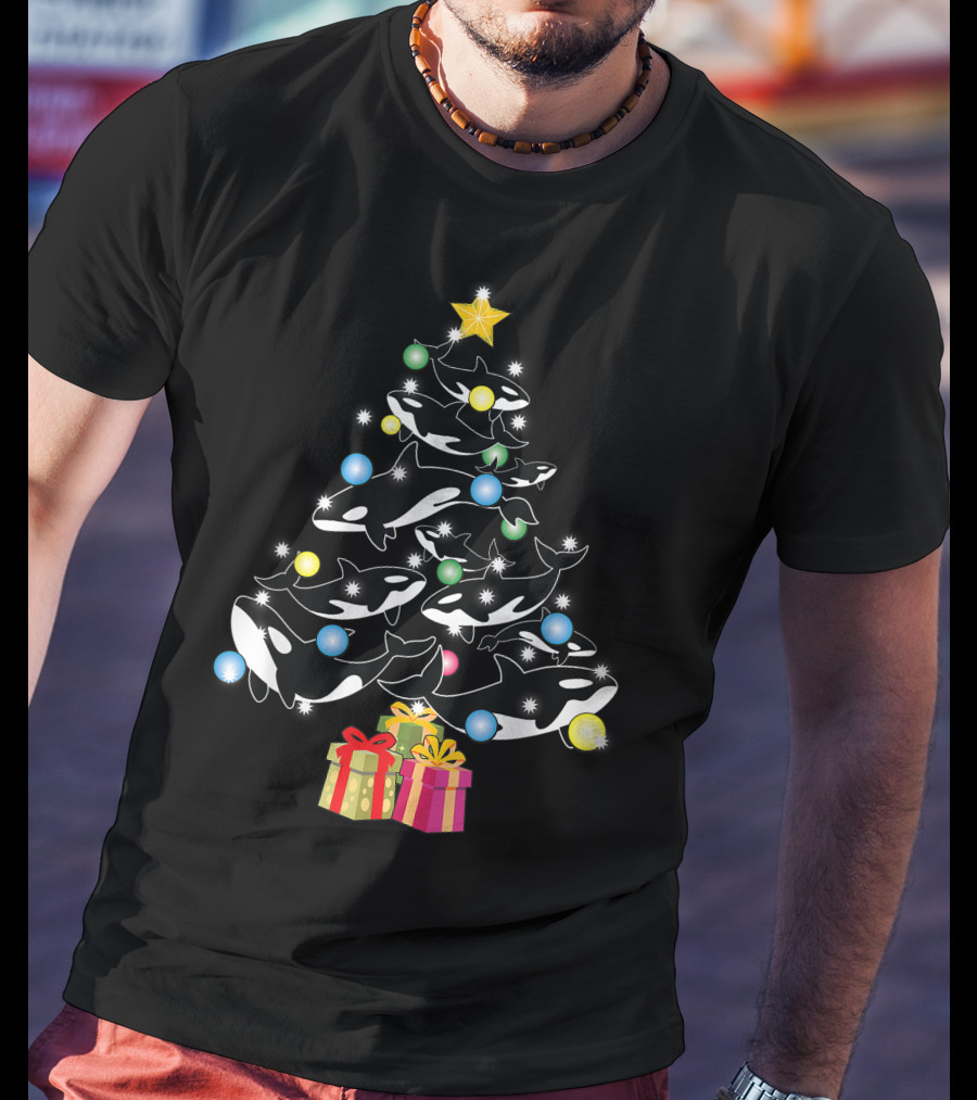 Christmas Orca Whales Tree With Gifts And Decorations T-Shirt