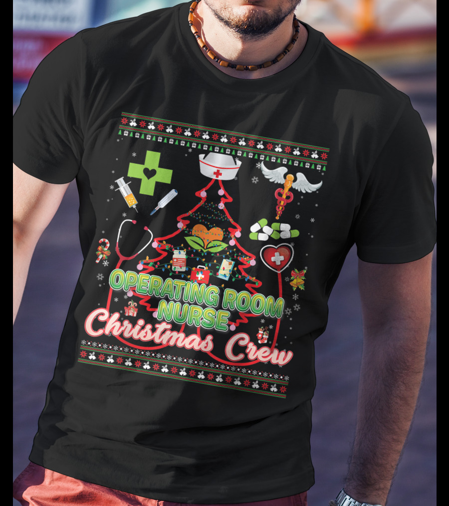 Operating Room Nurse Christmas Crew Tree Stethoscope Holiday Symbols T-Shirt