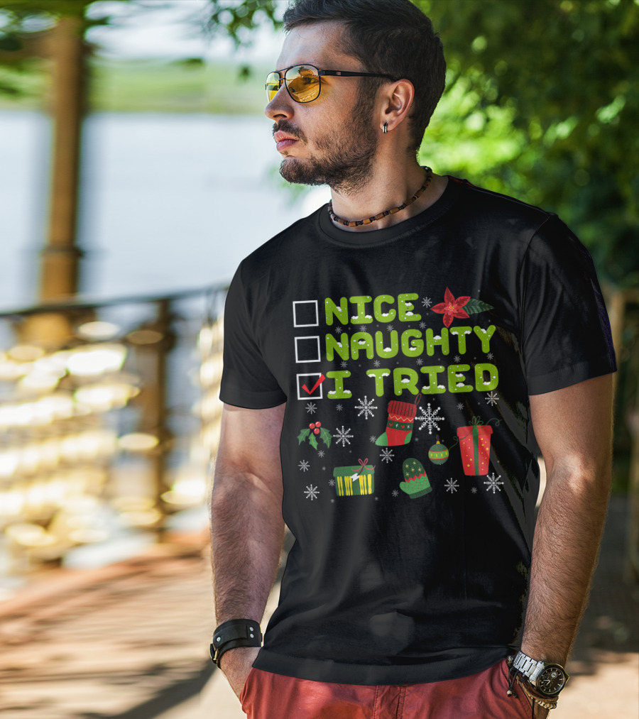 Nice Naughty I Tried Checklist Christmas Pajama With Holiday Icons T-Shirt