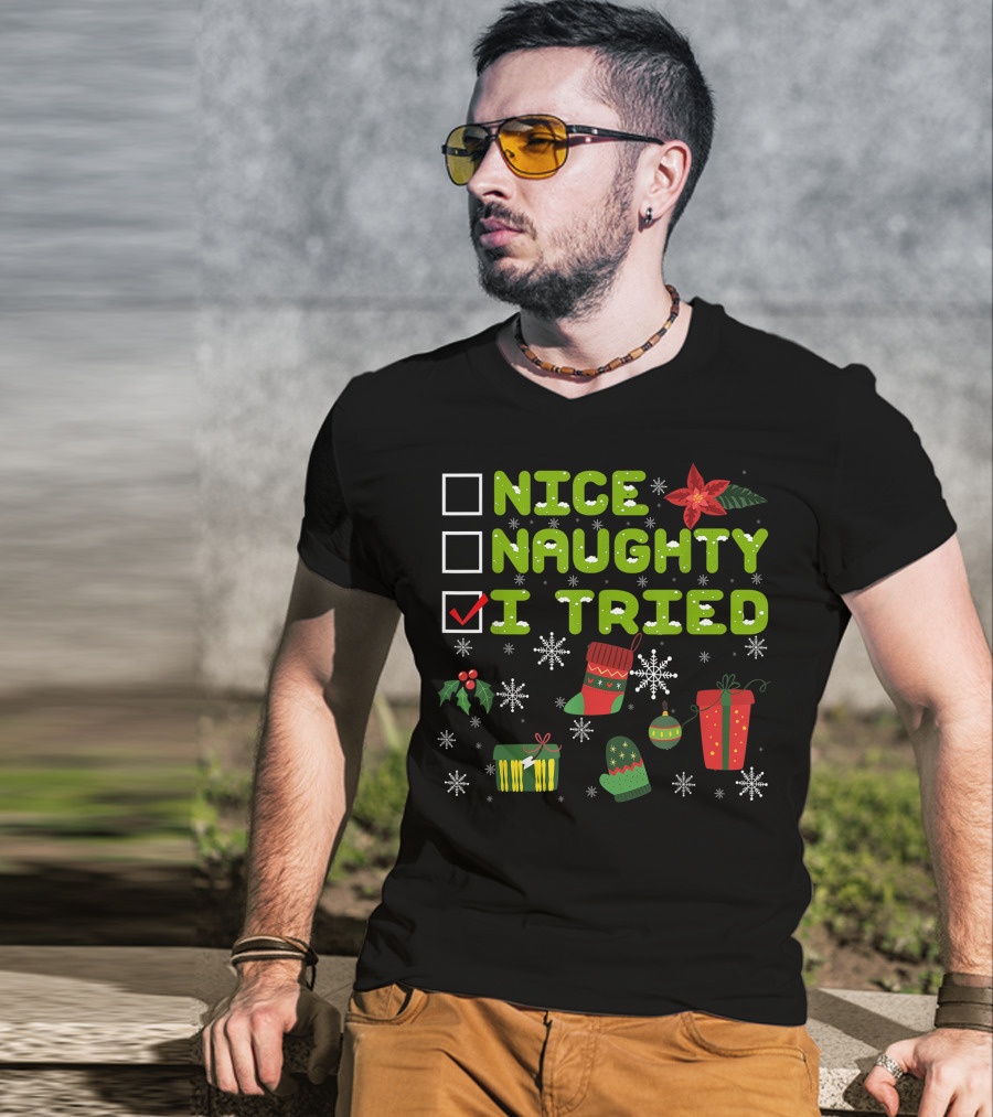 Nice Naughty I Tried Checklist Christmas Pajama With Holiday Icons T-Shirt