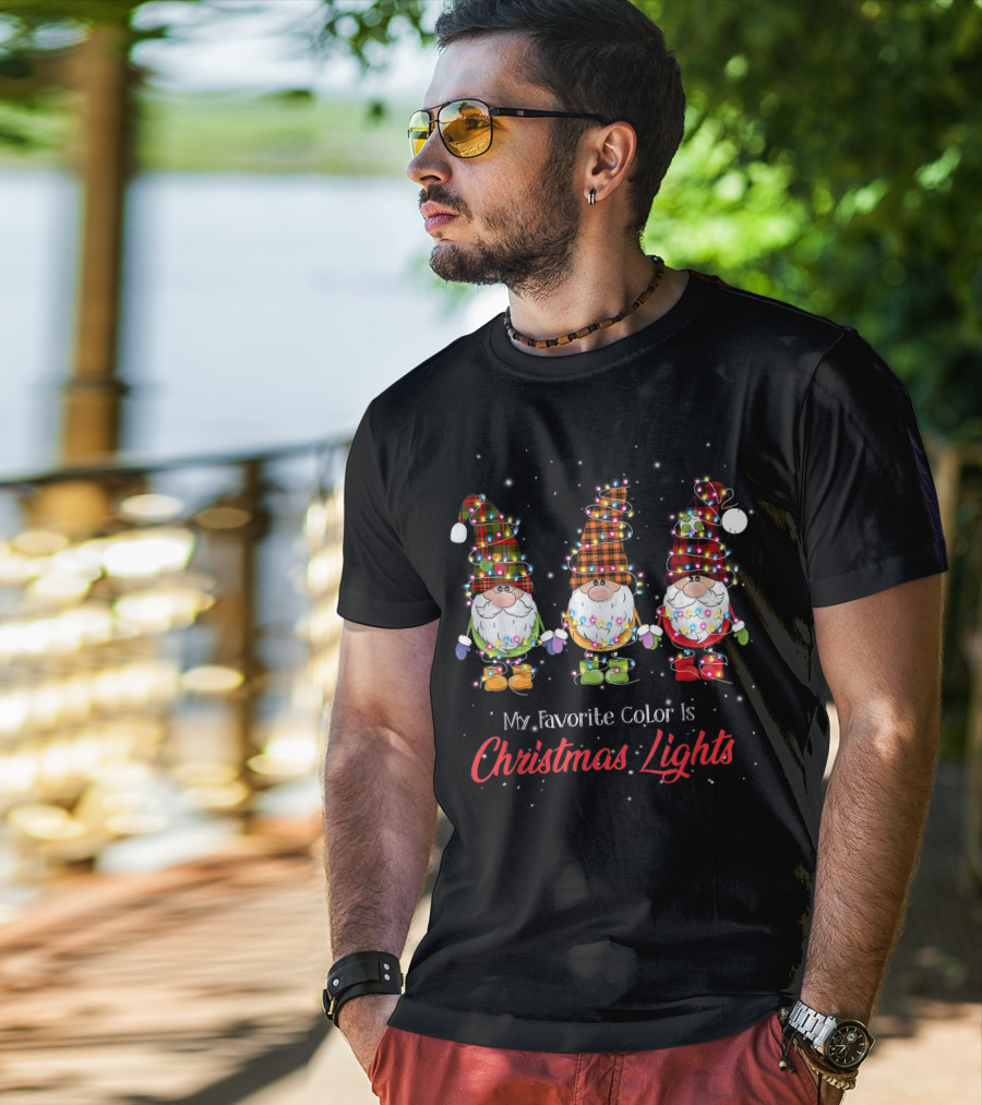 My Favorite Color Is Christmas Lights Gnomies Gnome Buffalo Plaid Trio T-Shirt