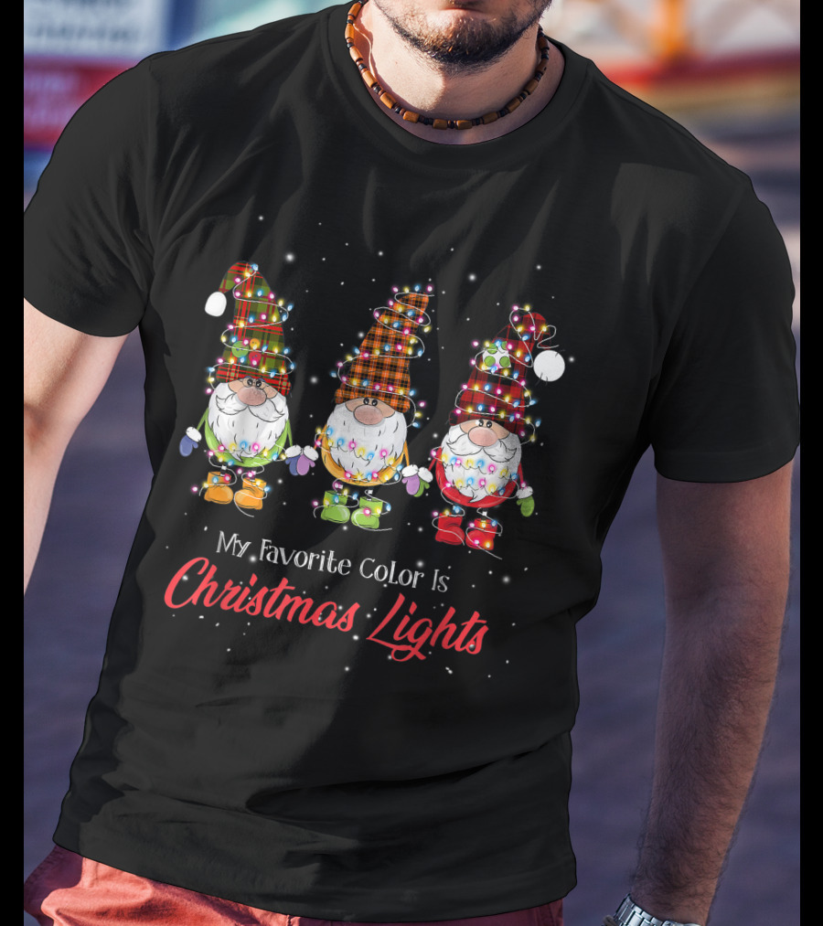 My Favorite Color Is Christmas Lights Gnomies Gnome Buffalo Plaid Trio T-Shirt