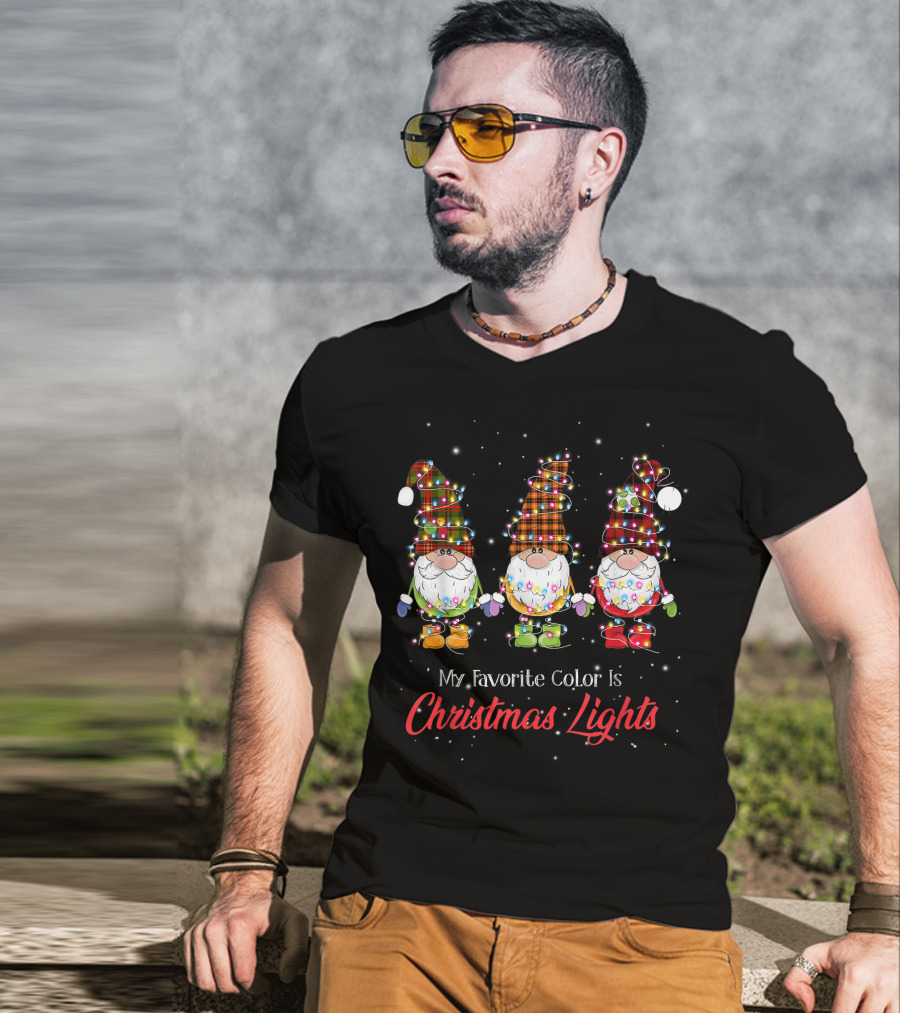 My Favorite Color Is Christmas Lights Gnomies Gnome Buffalo Plaid Trio T-Shirt