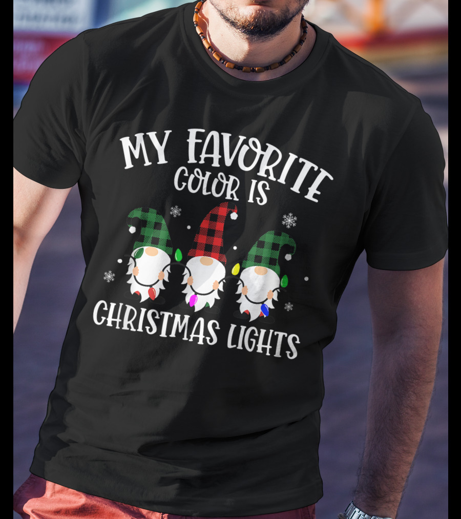 My Favorite Color Is Christmas Lights Gnome Buffalo Plaid T-Shirt