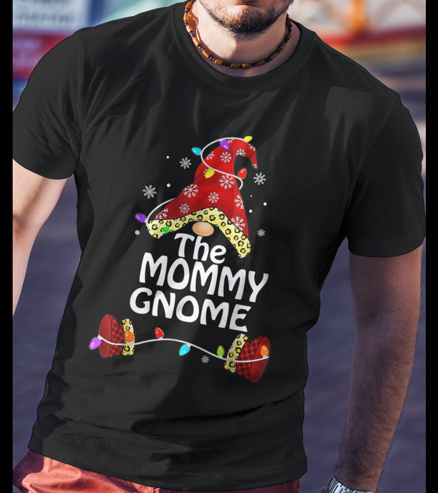 The Mommy Gnome Buffalo Plaid Leopard Print Christmas Lights T-Shirt