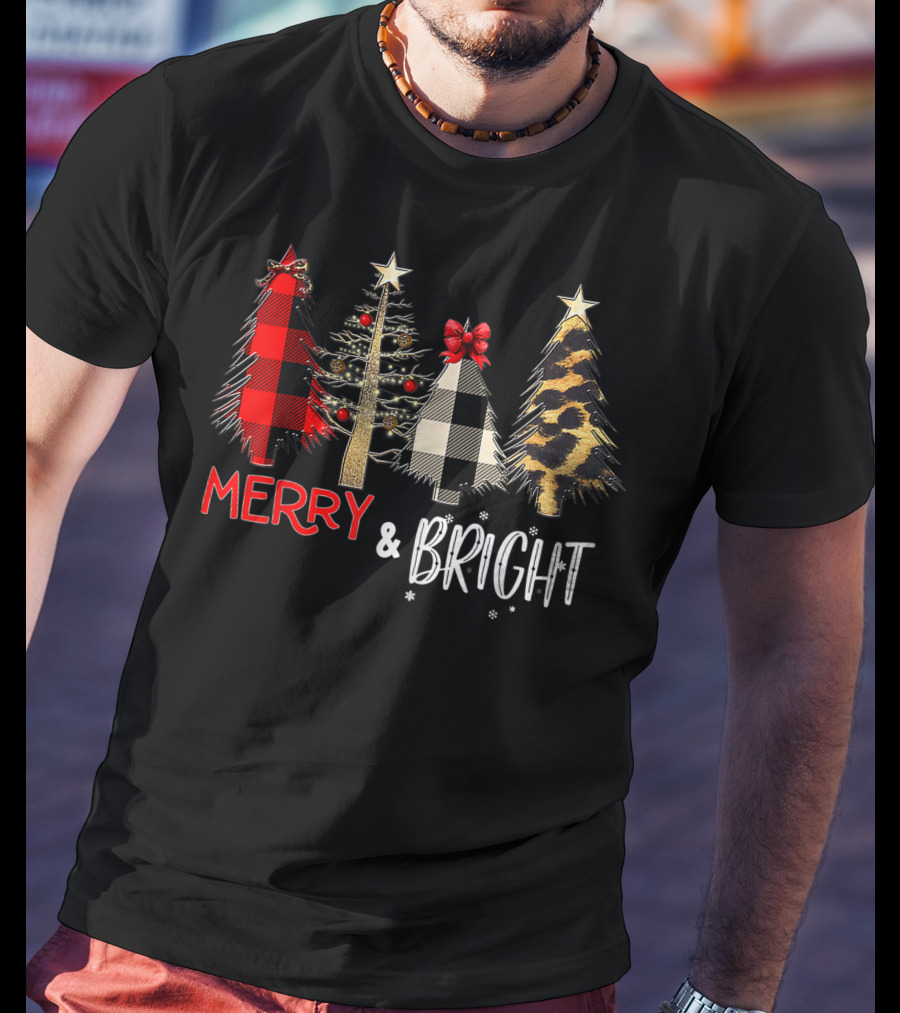 Merry And Bright Christmas Wild Leopard Plaid Trees Xmas T-Shirt