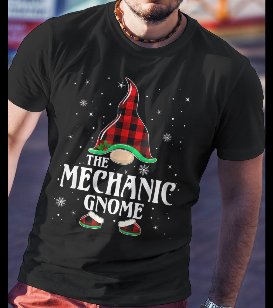 The Mechanic Gnome Buffalo Plaid Christmas Matching Family Holiday Snowflakes T-Shirt