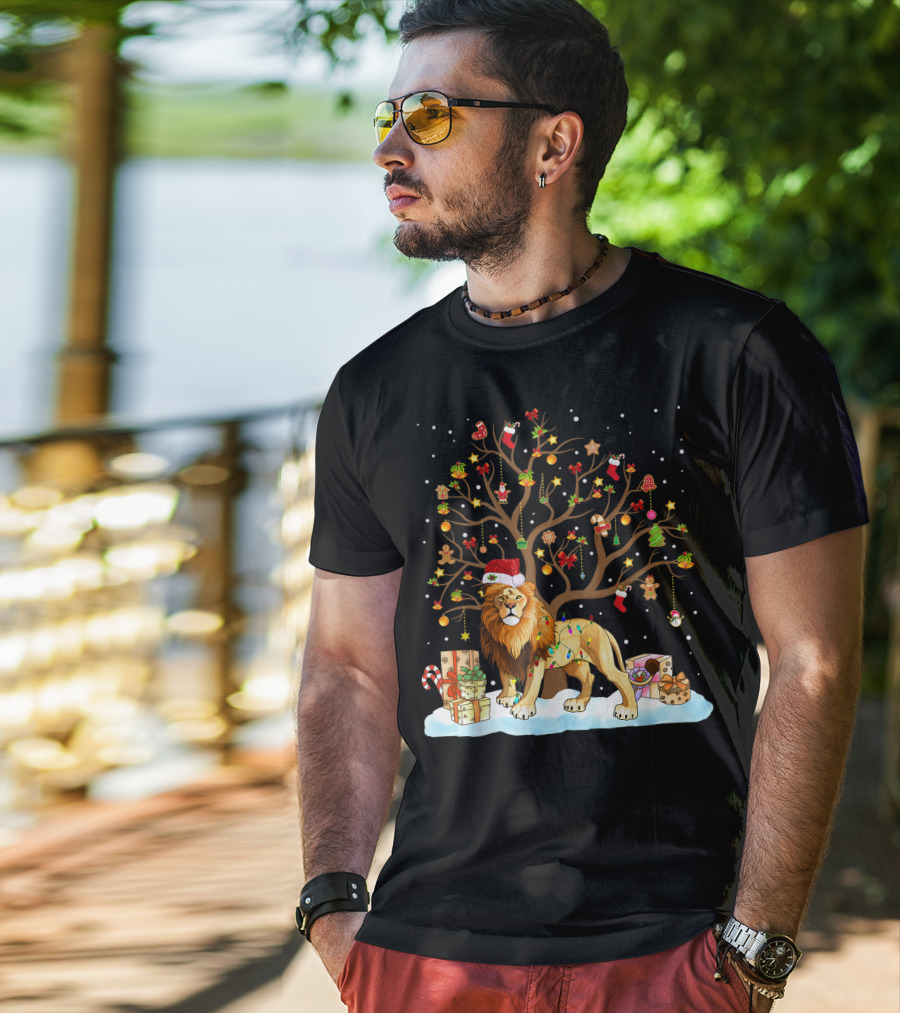 Lion With Christmas Tree Ornaments And Gifts T-Shirt