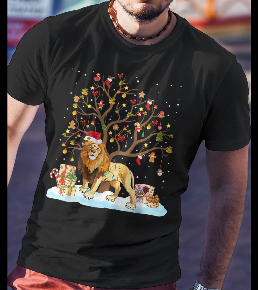 Lion With Christmas Tree Ornaments And Gifts T-Shirt