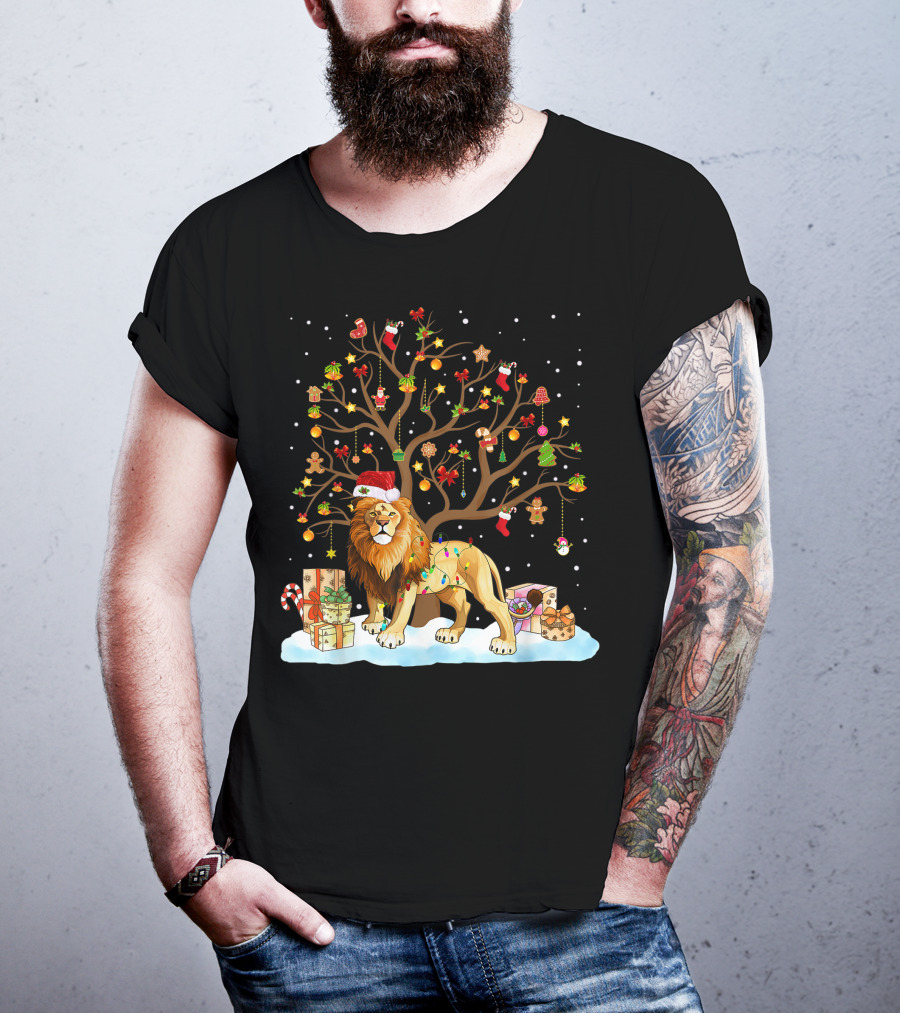 Lion With Christmas Tree Ornaments And Gifts T-Shirt