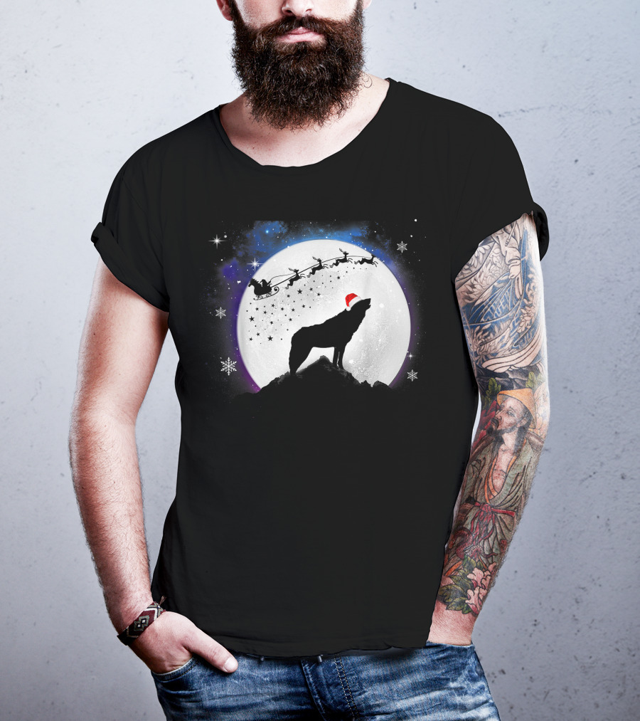 Wolf Santa Hat Full Moon Christmas Night T-Shirt