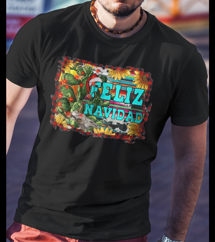 Feliz Navidad Western Country Christmas Texas Cactus Serape Sunflowers T-Shirt