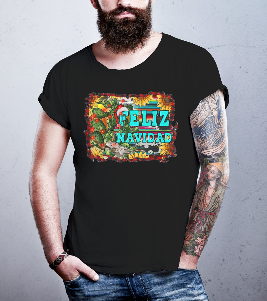 Feliz Navidad Western Country Christmas Texas Cactus Serape Sunflowers T-Shirt