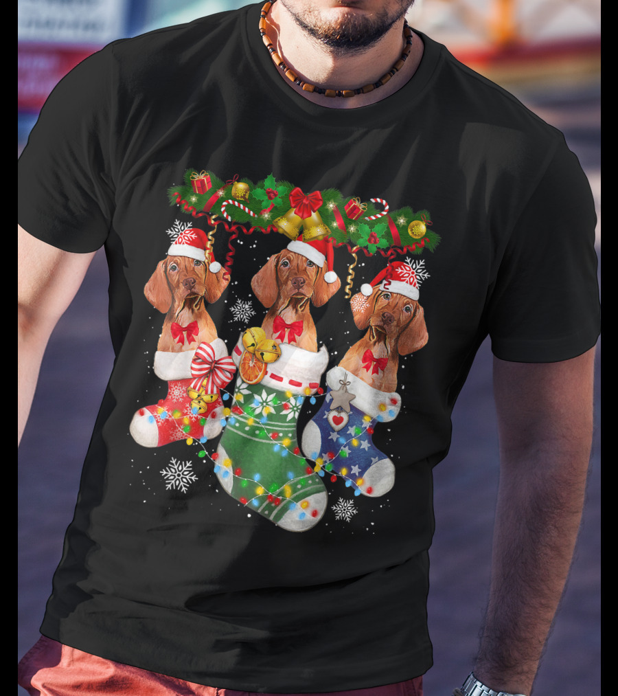 Vizsla Dogs In Christmas Stockings With Santa Hats And Holiday Decorations T-Shirt
